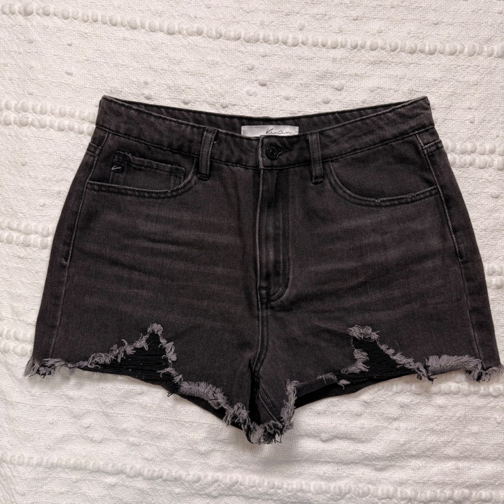 KanCan High Rise Distressed Denim Shorts Washed Black Stretchy Size 9/28